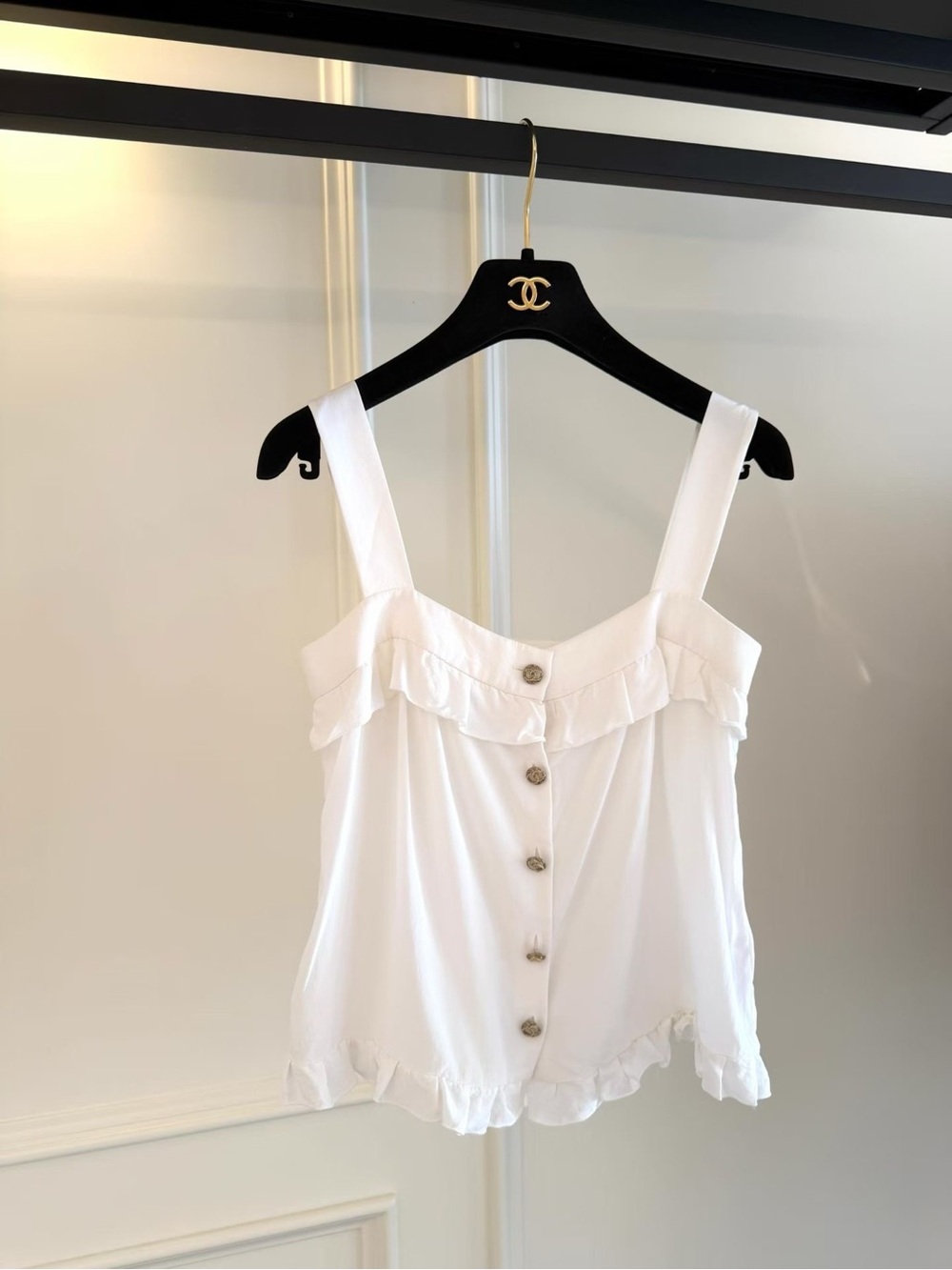 CHANEL White Ruffled Button-Front Camisole